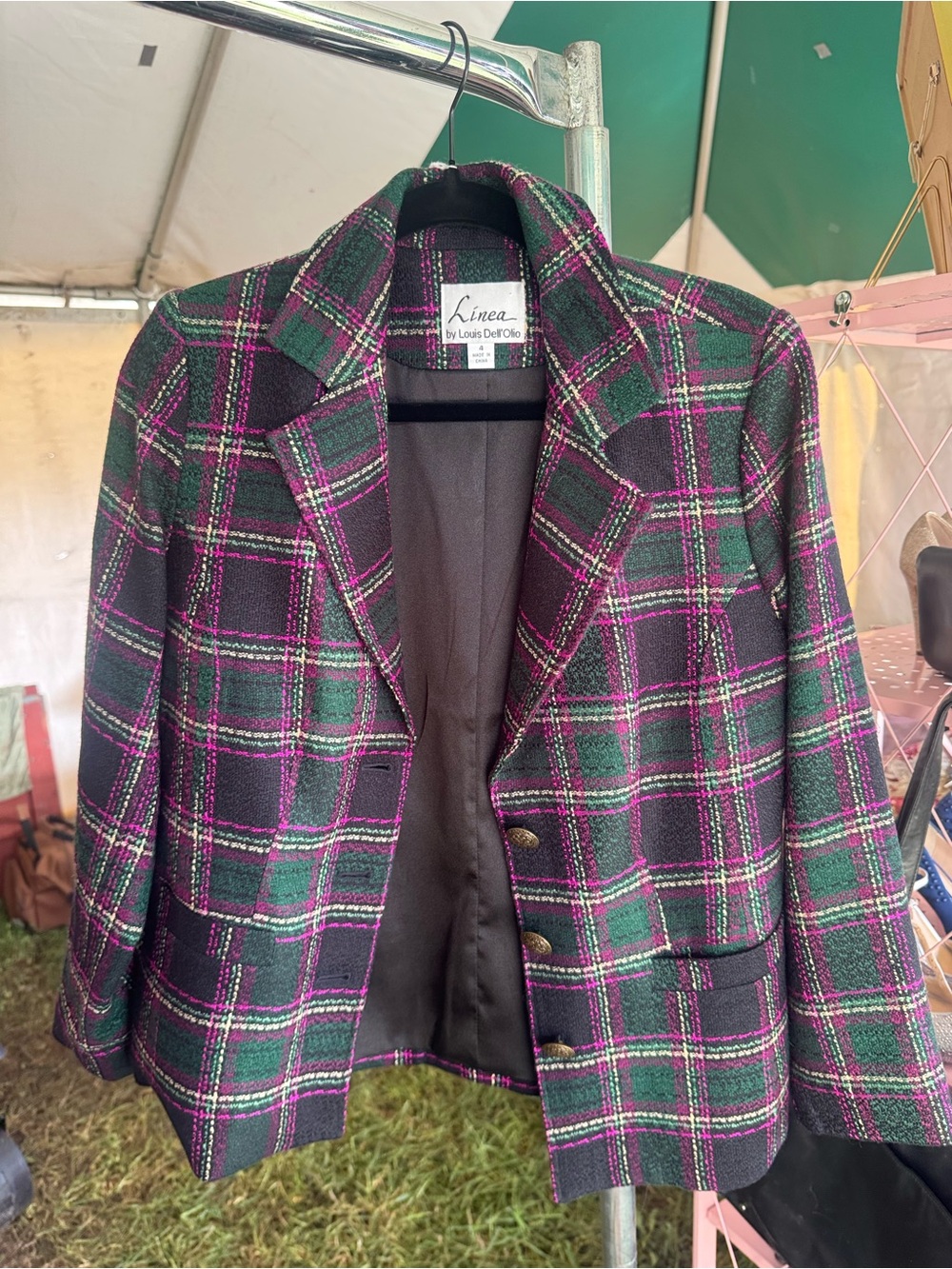 Vtg 1980s Linea by Louis Dell'Olio Green & Purple Plaid Blazer